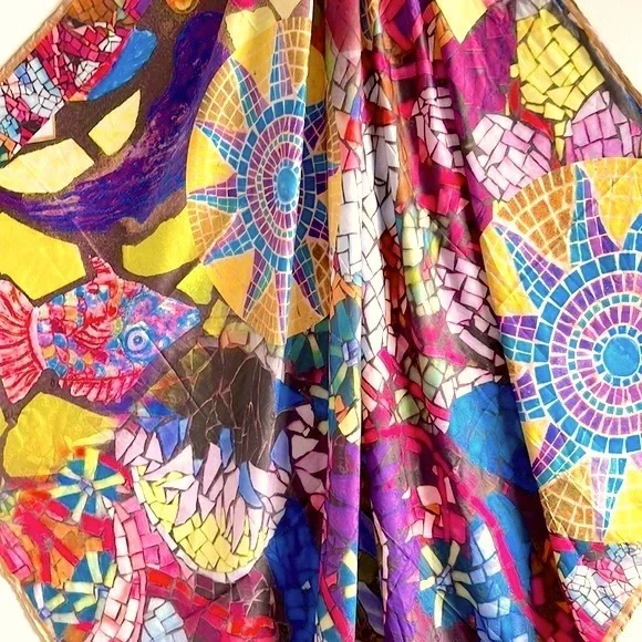 CARTIER Paris. Silk Scarf, Multicoloured Stained Glass Pattern, Pink Wolf 125-03 - Picture 7 of 10